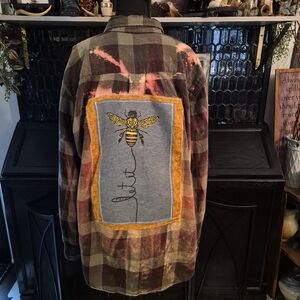 Upcycled Bleached And Distressed Flannel with Handmade Bee Patch Let It Bee